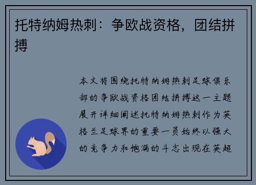托特纳姆热刺：争欧战资格，团结拼搏
