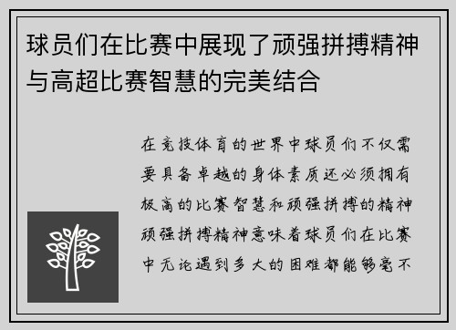 球员们在比赛中展现了顽强拼搏精神与高超比赛智慧的完美结合