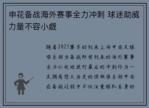 申花备战海外赛事全力冲刺 球迷助威力量不容小觑
