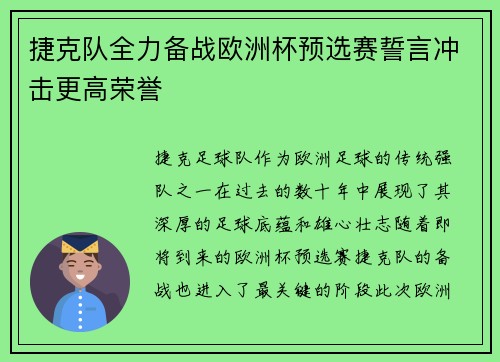 捷克队全力备战欧洲杯预选赛誓言冲击更高荣誉 捷克队全力备战欧洲杯预选赛誓言冲击更高荣誉